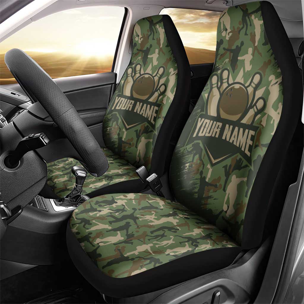 Bowling Camouflage Pattern Car Seat Cover with Ball and Pins Graphic in Army Green and Beige Brushstroke Design - Wonder Print Shop