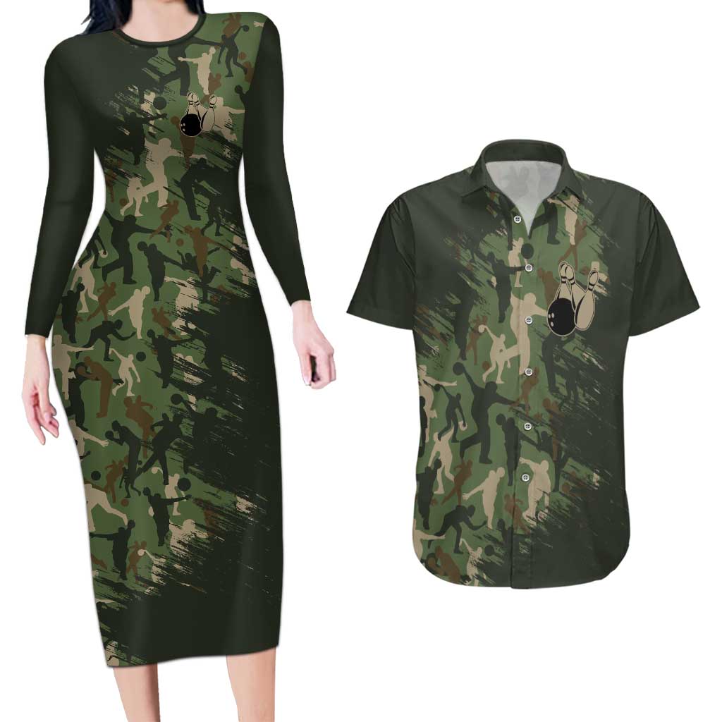 Bowling Camouflage Pattern Couples Matching Long Sleeve Bodycon Dress and Hawaiian Shirt with Ball and Pins Graphic in Army Green and Beige Brushstroke Design - Wonder Print Shop