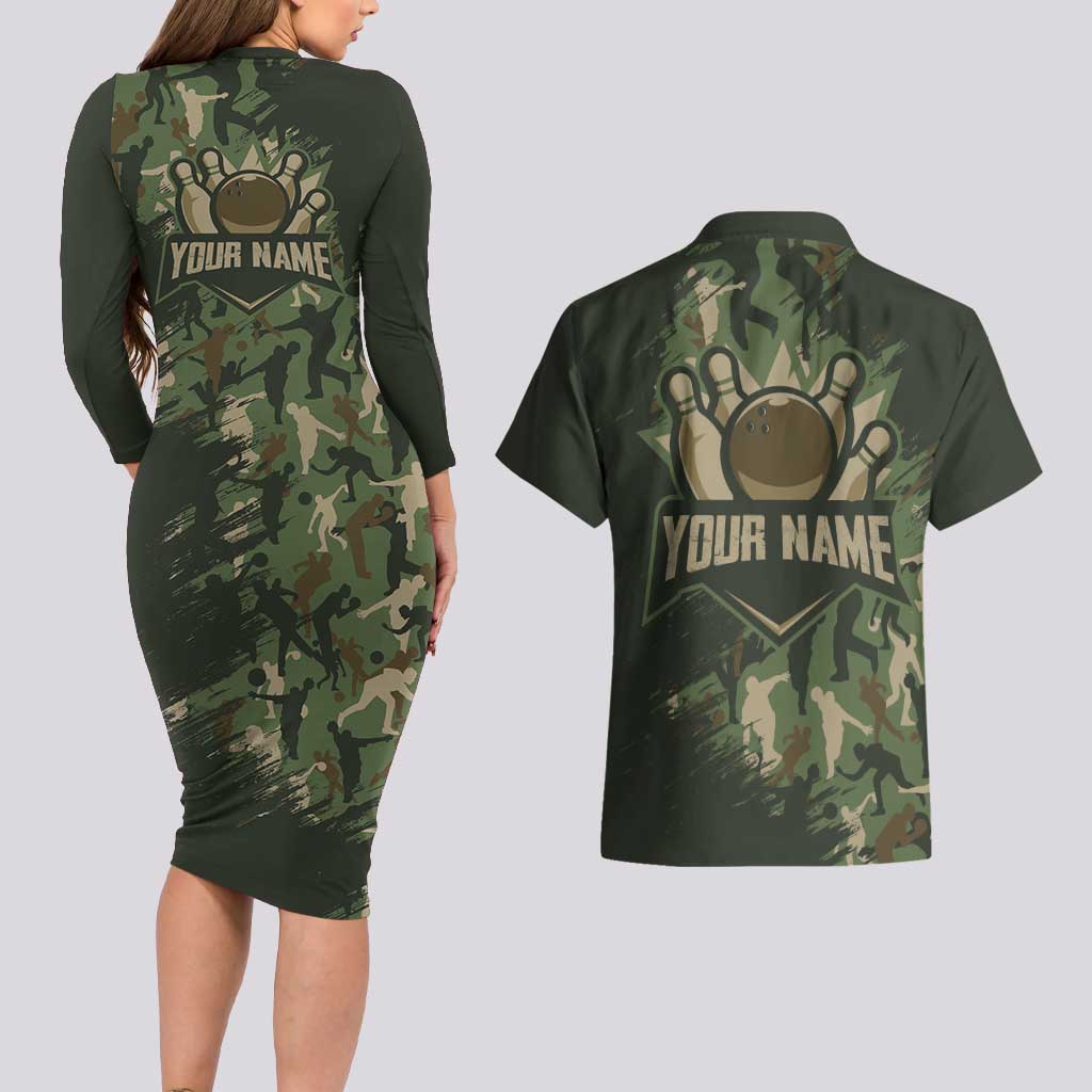 Bowling Camouflage Pattern Couples Matching Long Sleeve Bodycon Dress and Hawaiian Shirt with Ball and Pins Graphic in Army Green and Beige Brushstroke Design - Wonder Print Shop