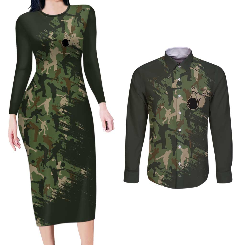 Bowling Camouflage Pattern Couples Matching Long Sleeve Bodycon Dress and Long Sleeve Button Shirt with Ball and Pins Graphic in Army Green and Beige Brushstroke Design - Wonder Print Shop