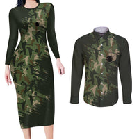 Bowling Camouflage Pattern Couples Matching Long Sleeve Bodycon Dress and Long Sleeve Button Shirt with Ball and Pins Graphic in Army Green and Beige Brushstroke Design - Wonder Print Shop