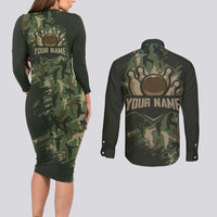 Bowling Camouflage Pattern Couples Matching Long Sleeve Bodycon Dress and Long Sleeve Button Shirt with Ball and Pins Graphic in Army Green and Beige Brushstroke Design - Wonder Print Shop