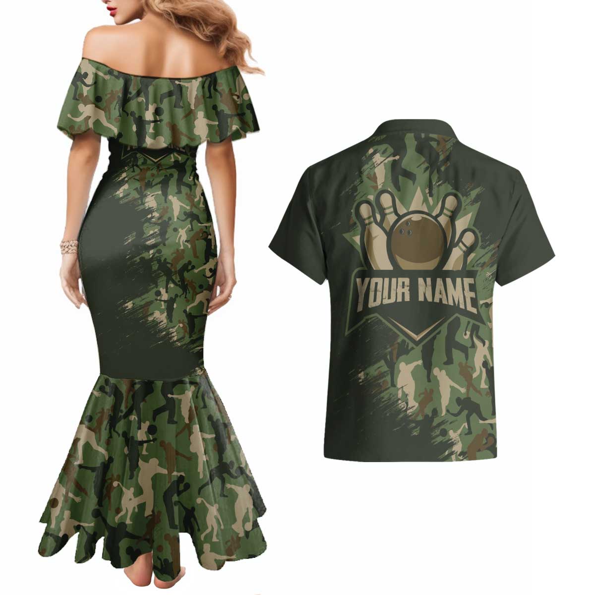 Bowling Camouflage Pattern Couples Matching Mermaid Dress and Hawaiian Shirt with Ball and Pins Graphic in Army Green and Beige Brushstroke Design - Wonder Print Shop