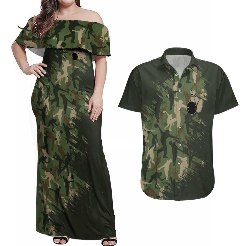 Bowling Camouflage Pattern Couples Matching Off Shoulder Maxi Dress and Hawaiian Shirt with Ball and Pins Graphic in Army Green and Beige Brushstroke Design - Wonder Print Shop