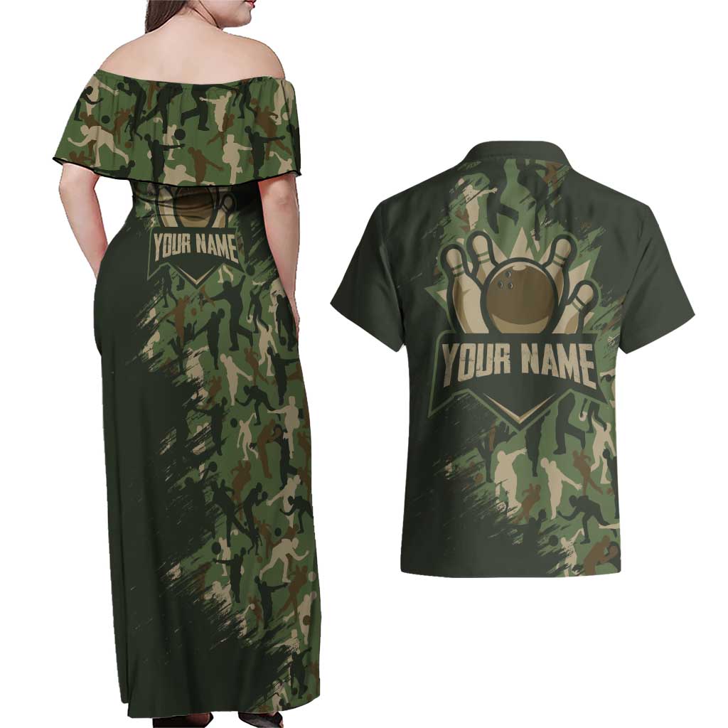 Bowling Camouflage Pattern Couples Matching Off Shoulder Maxi Dress and Hawaiian Shirt with Ball and Pins Graphic in Army Green and Beige Brushstroke Design - Wonder Print Shop