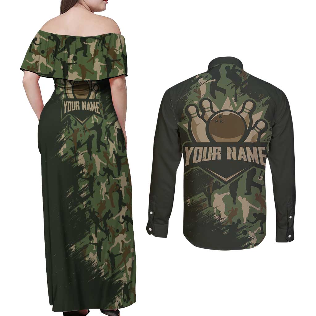 Bowling Camouflage Pattern Couples Matching Off Shoulder Maxi Dress and Long Sleeve Button Shirt with Ball and Pins Graphic in Army Green and Beige Brushstroke Design - Wonder Print Shop