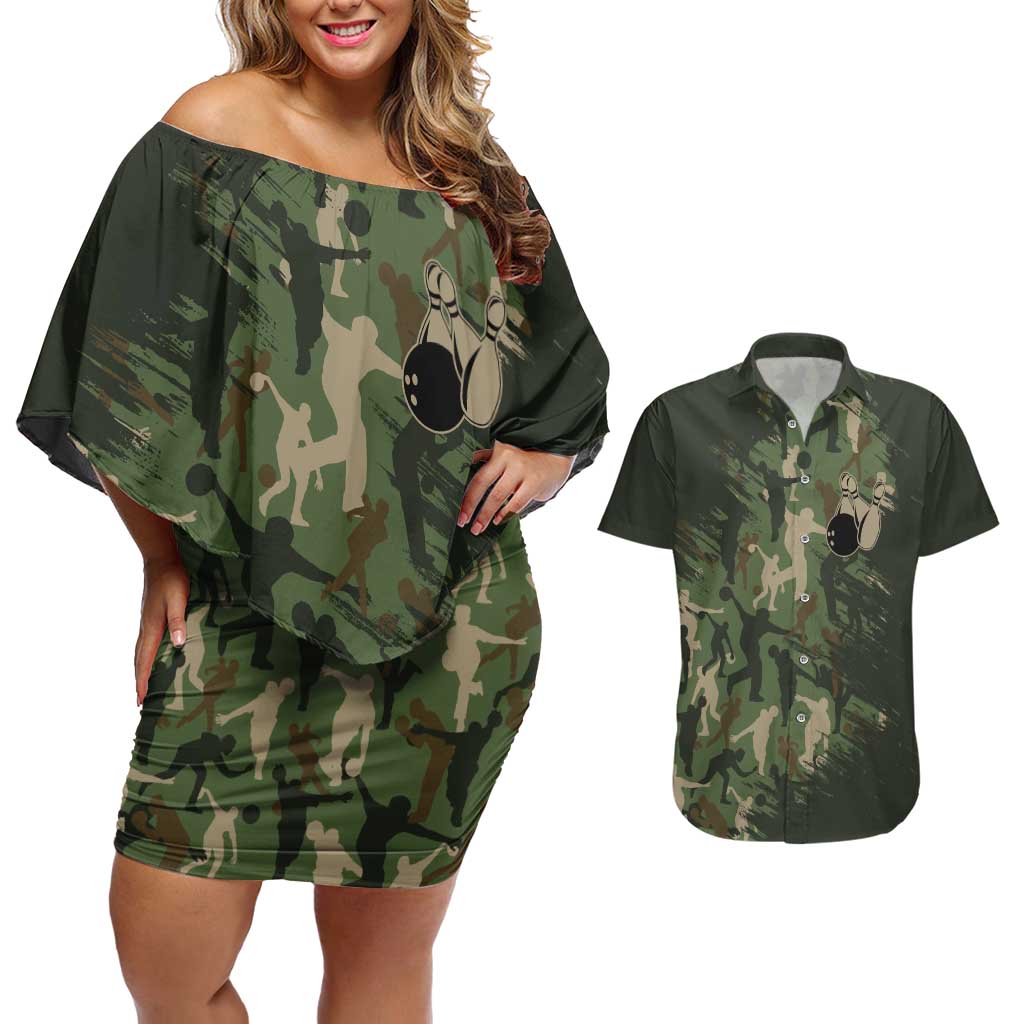 Bowling Camouflage Pattern Couples Matching Off Shoulder Short Dress and Hawaiian Shirt with Ball and Pins Graphic in Army Green and Beige Brushstroke Design - Wonder Print Shop