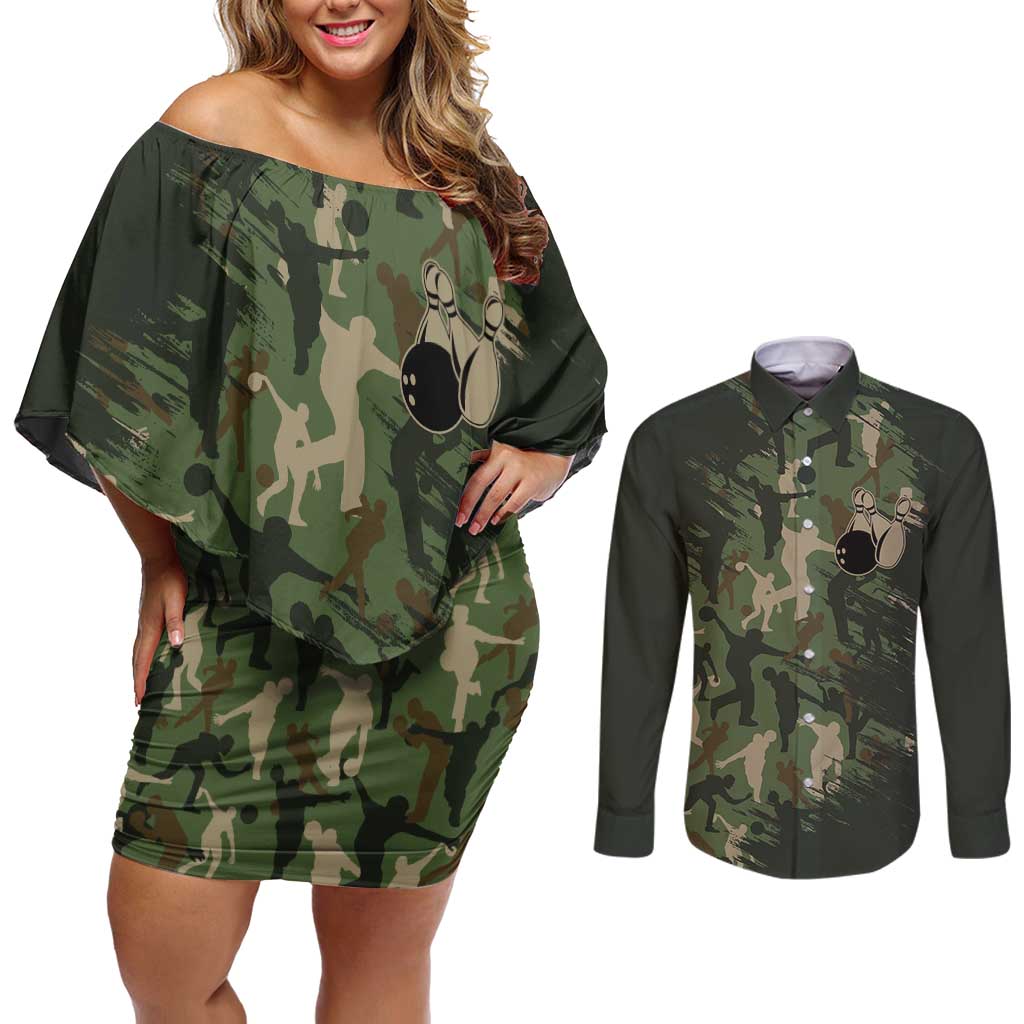 Bowling Camouflage Pattern Couples Matching Off Shoulder Short Dress and Long Sleeve Button Shirt with Ball and Pins Graphic in Army Green and Beige Brushstroke Design - Wonder Print Shop