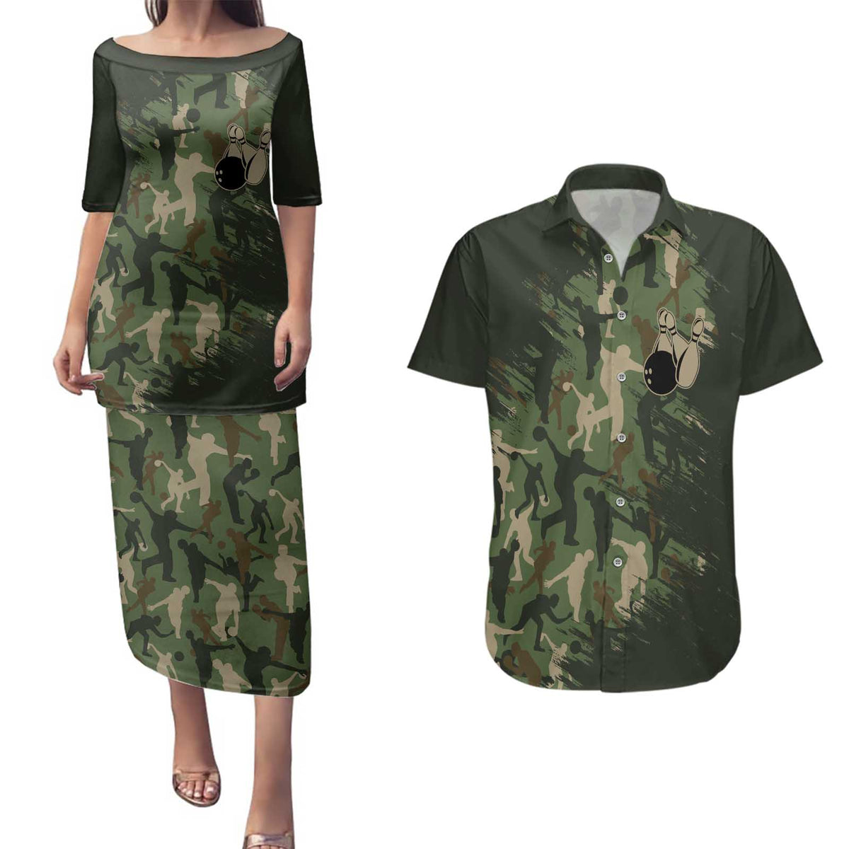 Bowling Camouflage Pattern Couples Matching Puletasi and Hawaiian Shirt with Ball and Pins Graphic in Army Green and Beige Brushstroke Design - Wonder Print Shop