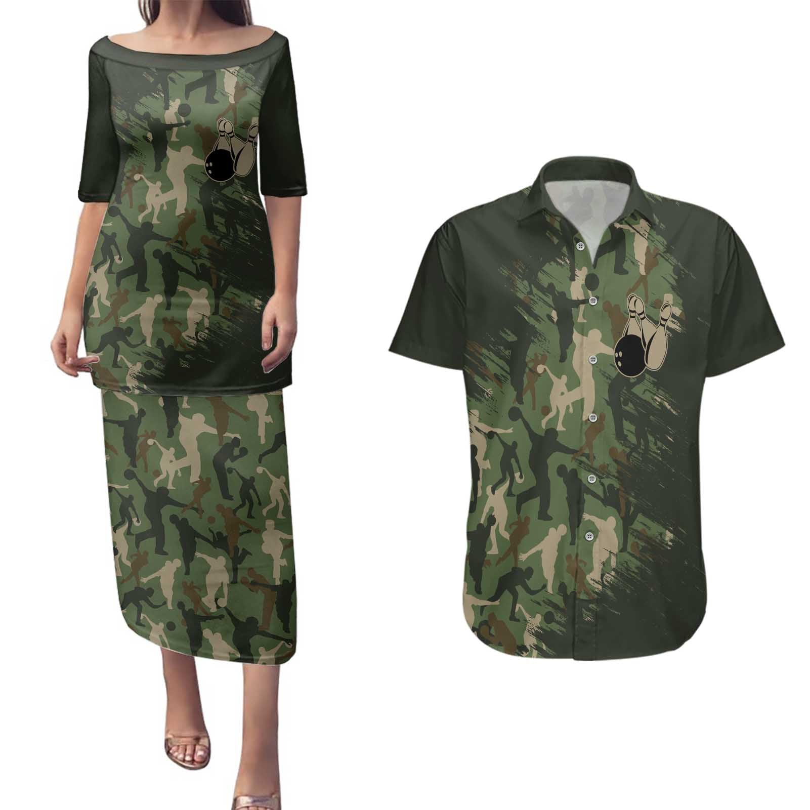 Bowling Camouflage Pattern Couples Matching Puletasi and Hawaiian Shirt with Ball and Pins Graphic in Army Green and Beige Brushstroke Design - Wonder Print Shop