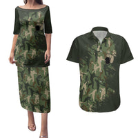 Bowling Camouflage Pattern Couples Matching Puletasi and Hawaiian Shirt with Ball and Pins Graphic in Army Green and Beige Brushstroke Design - Wonder Print Shop