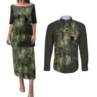 Bowling Camouflage Pattern Couples Matching Puletasi and Long Sleeve Button Shirt with Ball and Pins Graphic in Army Green and Beige Brushstroke Design - Wonder Print Shop