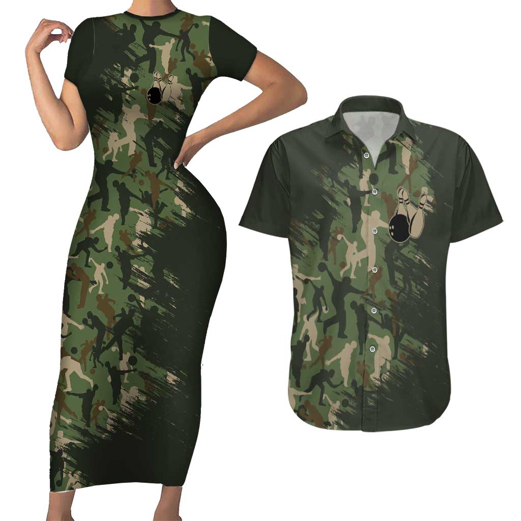 Bowling Camouflage Pattern Couples Matching Short Sleeve Bodycon Dress and Hawaiian Shirt with Ball and Pins Graphic in Army Green and Beige Brushstroke Design - Wonder Print Shop