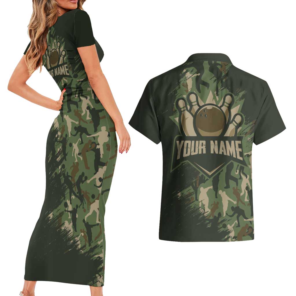 Bowling Camouflage Pattern Couples Matching Short Sleeve Bodycon Dress and Hawaiian Shirt with Ball and Pins Graphic in Army Green and Beige Brushstroke Design - Wonder Print Shop