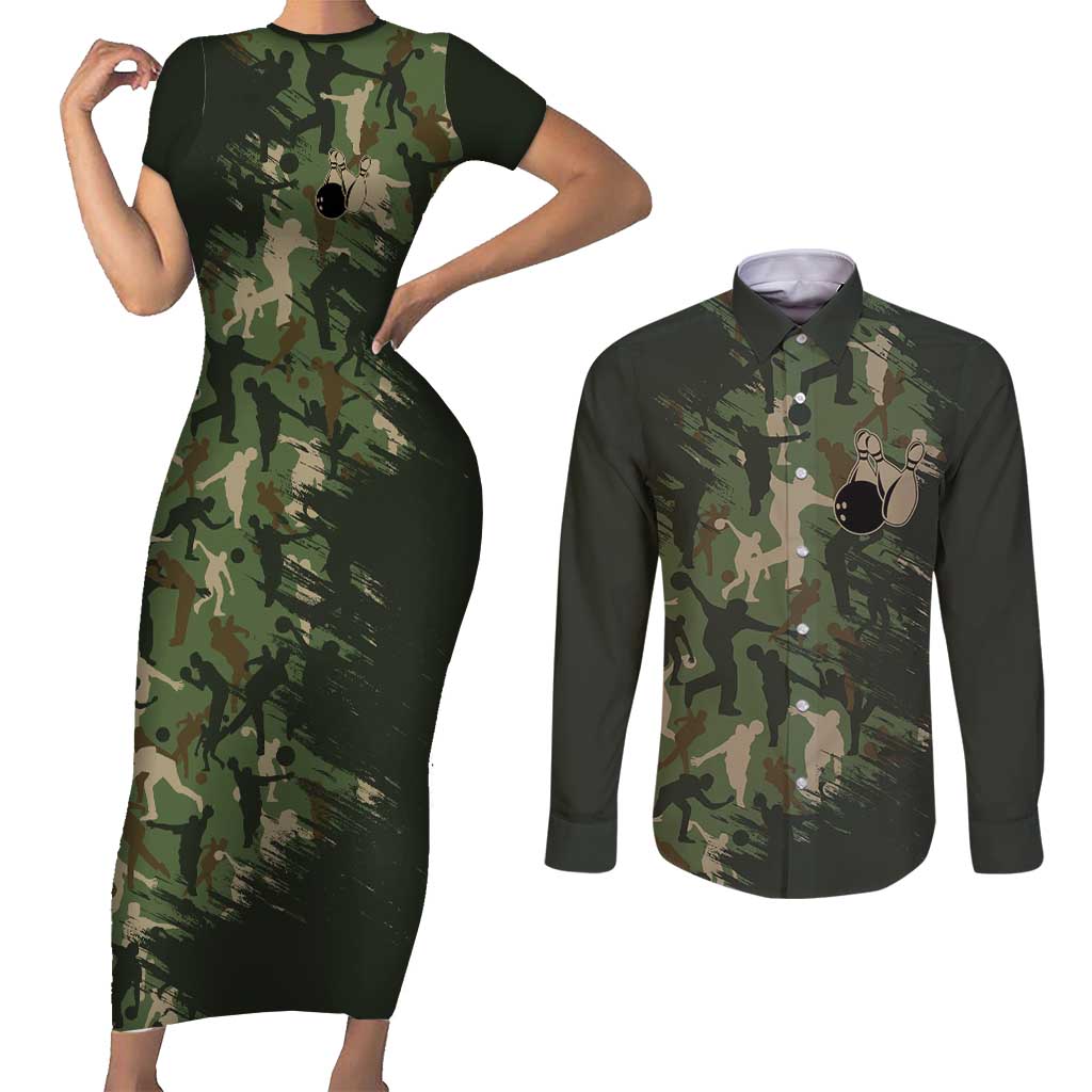 Bowling Camouflage Pattern Couples Matching Short Sleeve Bodycon Dress and Long Sleeve Button Shirt with Ball and Pins Graphic in Army Green and Beige Brushstroke Design - Wonder Print Shop