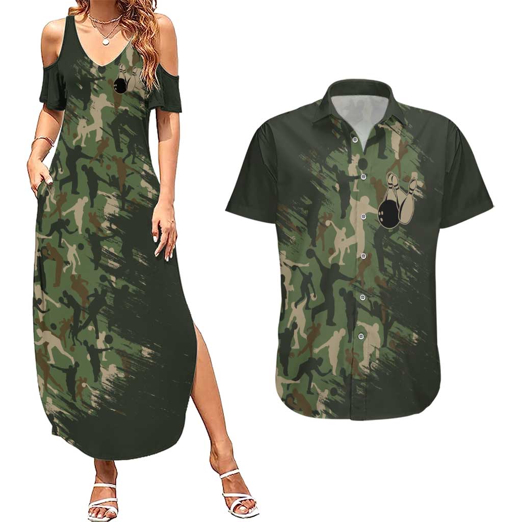 Bowling Camouflage Pattern Couples Matching Summer Maxi Dress and Hawaiian Shirt with Ball and Pins Graphic in Army Green and Beige Brushstroke Design - Wonder Print Shop