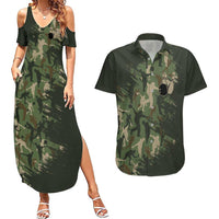 Bowling Camouflage Pattern Couples Matching Summer Maxi Dress and Hawaiian Shirt with Ball and Pins Graphic in Army Green and Beige Brushstroke Design - Wonder Print Shop