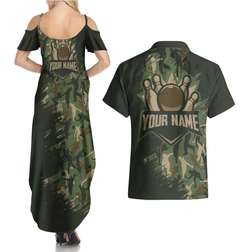 Bowling Camouflage Pattern Couples Matching Summer Maxi Dress and Hawaiian Shirt with Ball and Pins Graphic in Army Green and Beige Brushstroke Design - Wonder Print Shop