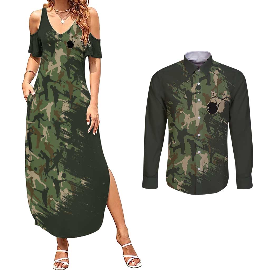 Bowling Camouflage Pattern Couples Matching Summer Maxi Dress and Long Sleeve Button Shirt with Ball and Pins Graphic in Army Green and Beige Brushstroke Design - Wonder Print Shop
