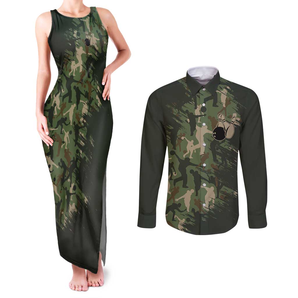 Bowling Camouflage Pattern Couples Matching Tank Maxi Dress and Long Sleeve Button Shirt with Ball and Pins Graphic in Army Green and Beige Brushstroke Design - Wonder Print Shop