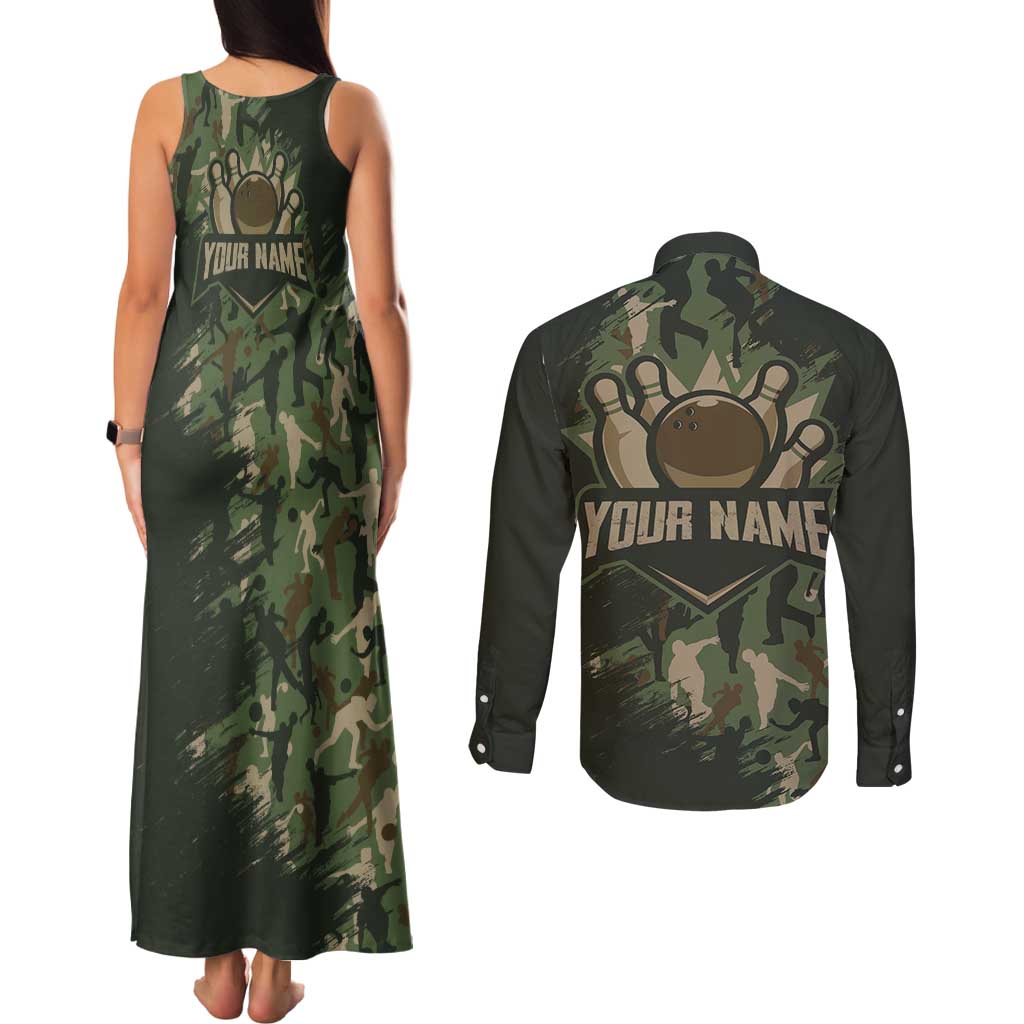 Bowling Camouflage Pattern Couples Matching Tank Maxi Dress and Long Sleeve Button Shirt with Ball and Pins Graphic in Army Green and Beige Brushstroke Design - Wonder Print Shop