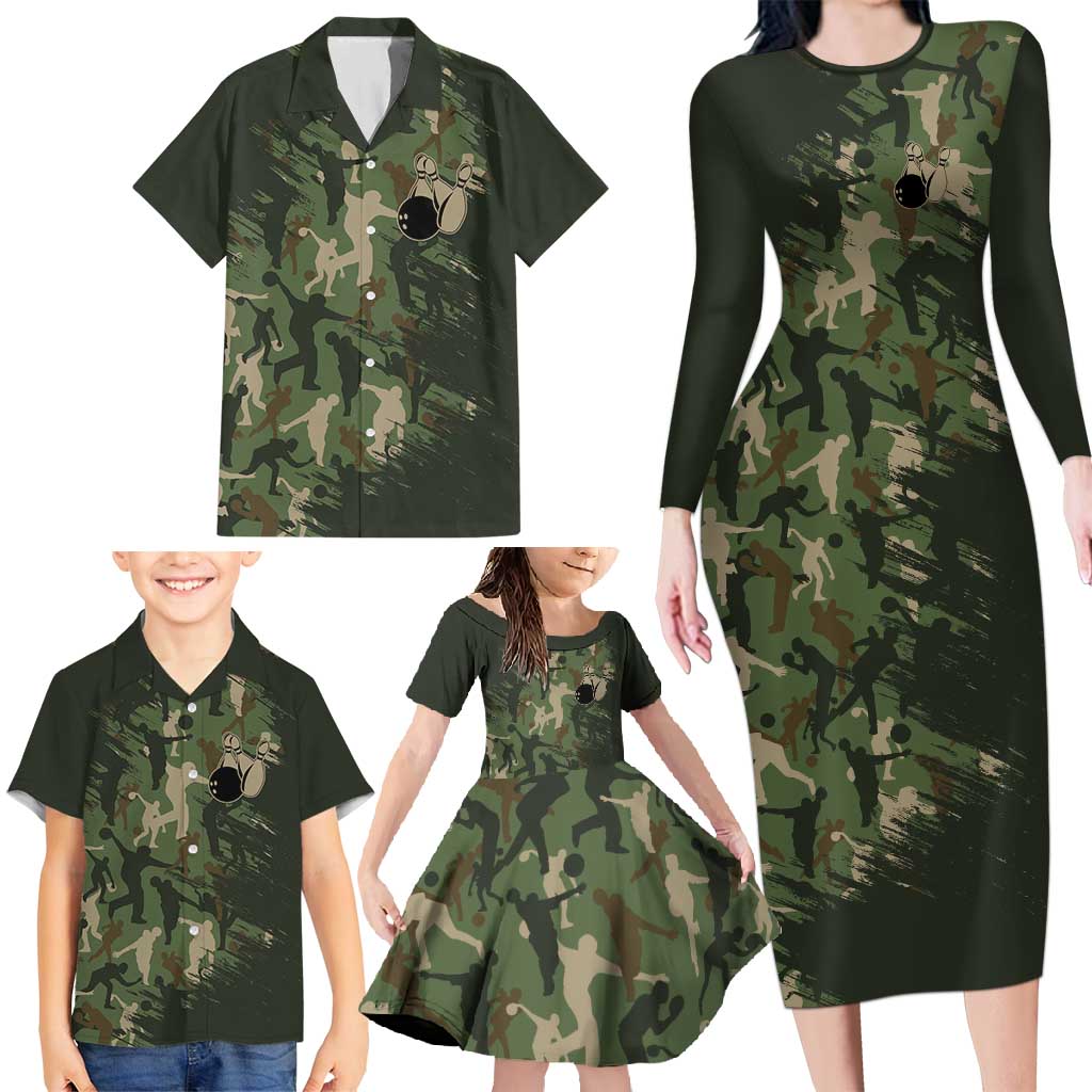 Bowling Camouflage Pattern Family Matching Long Sleeve Bodycon Dress and Hawaiian Shirt with Ball and Pins Graphic in Army Green and Beige Brushstroke Design - Wonder Print Shop