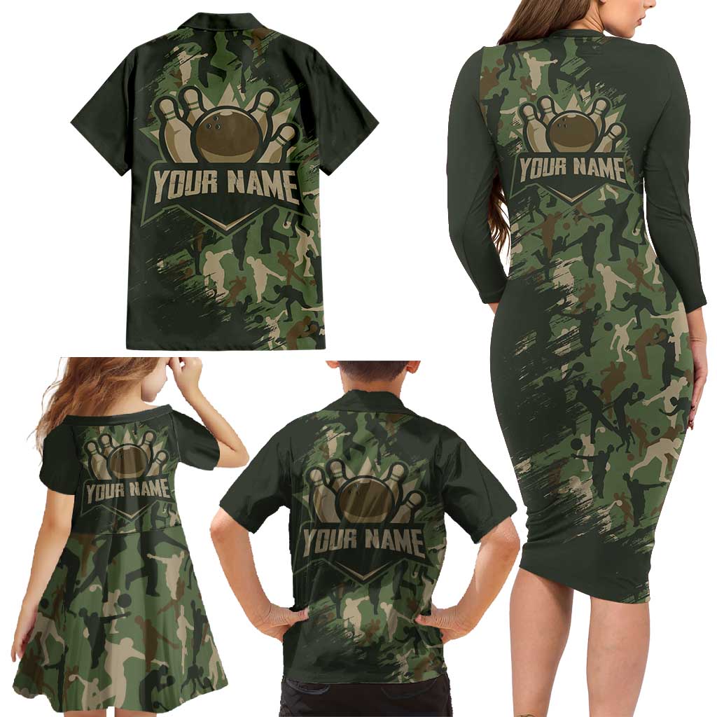 Bowling Camouflage Pattern Family Matching Long Sleeve Bodycon Dress and Hawaiian Shirt with Ball and Pins Graphic in Army Green and Beige Brushstroke Design - Wonder Print Shop