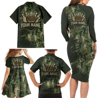 Bowling Camouflage Pattern Family Matching Long Sleeve Bodycon Dress and Hawaiian Shirt with Ball and Pins Graphic in Army Green and Beige Brushstroke Design - Wonder Print Shop