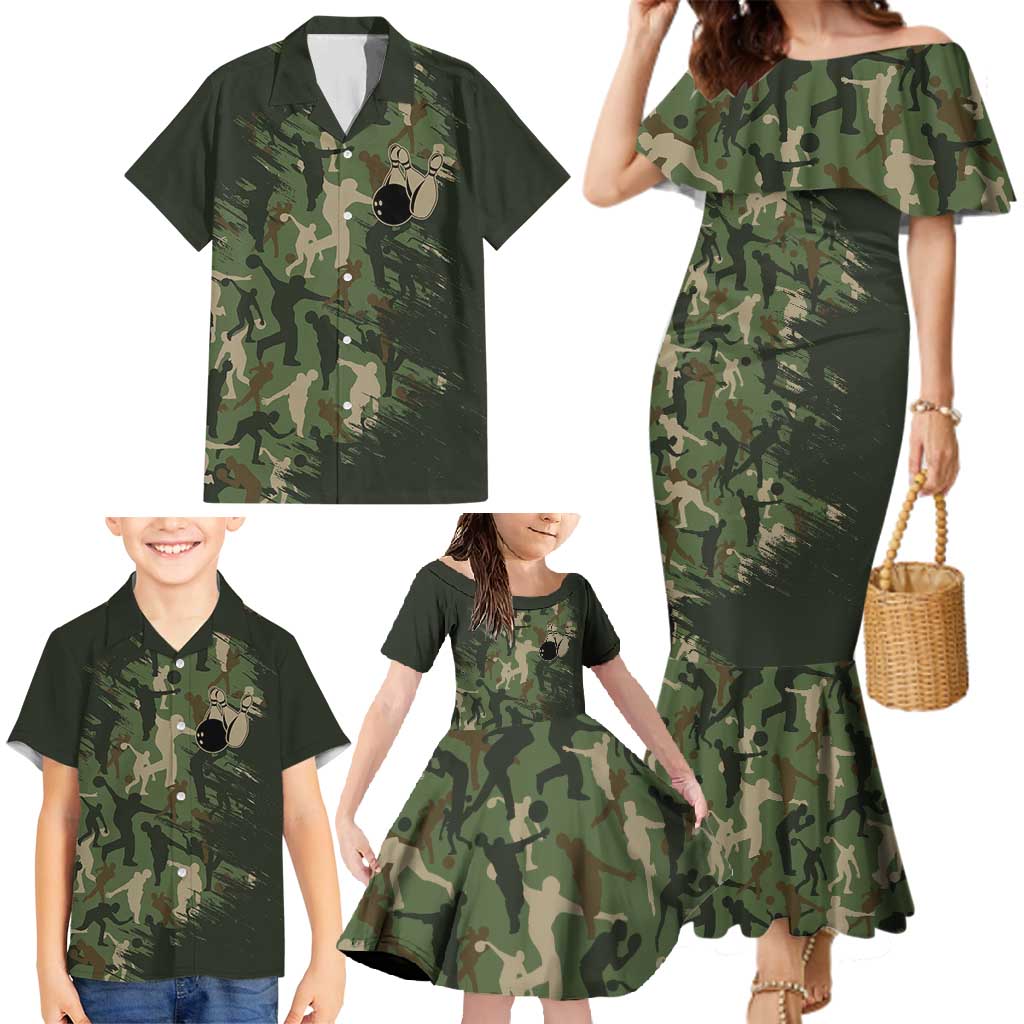 Bowling Camouflage Pattern Family Matching Mermaid Dress and Hawaiian Shirt with Ball and Pins Graphic in Army Green and Beige Brushstroke Design - Wonder Print Shop