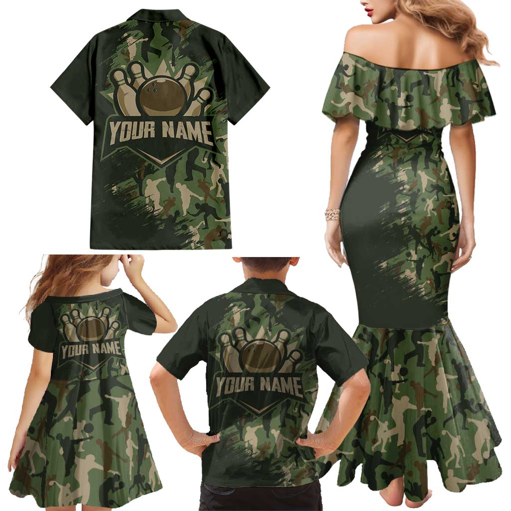 Bowling Camouflage Pattern Family Matching Mermaid Dress and Hawaiian Shirt with Ball and Pins Graphic in Army Green and Beige Brushstroke Design - Wonder Print Shop