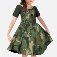 Bowling Camouflage Pattern Family Matching Off The Shoulder Long Sleeve Dress and Hawaiian Shirt with Ball and Pins Graphic in Army Green and Beige Brushstroke Design - Wonder Print Shop