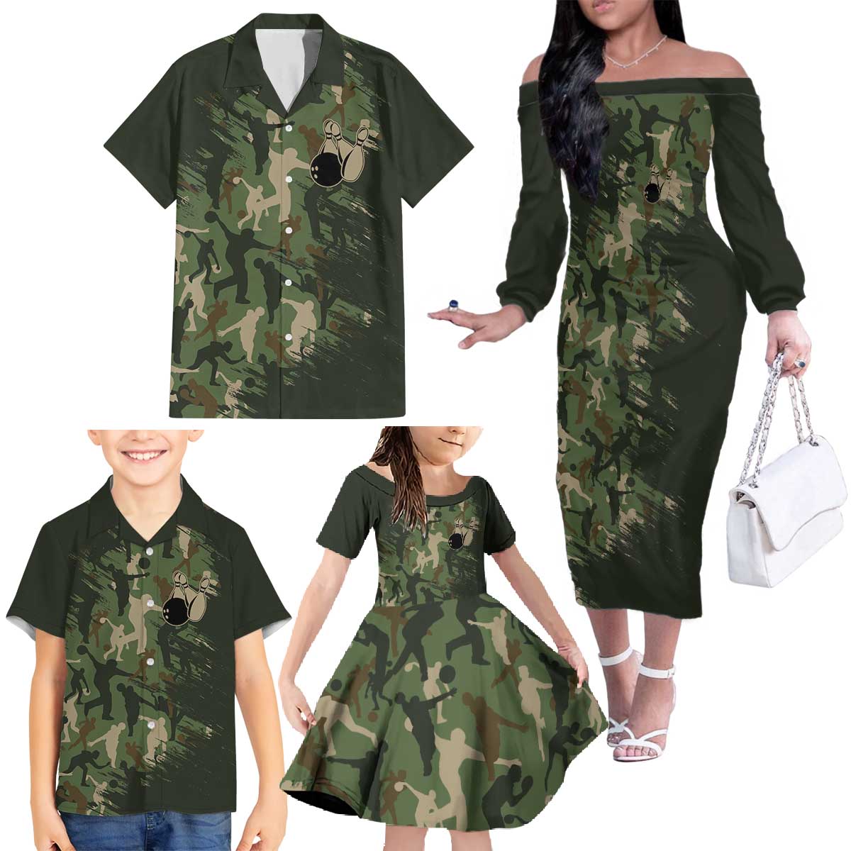 Bowling Camouflage Pattern Family Matching Off The Shoulder Long Sleeve Dress and Hawaiian Shirt with Ball and Pins Graphic in Army Green and Beige Brushstroke Design - Wonder Print Shop