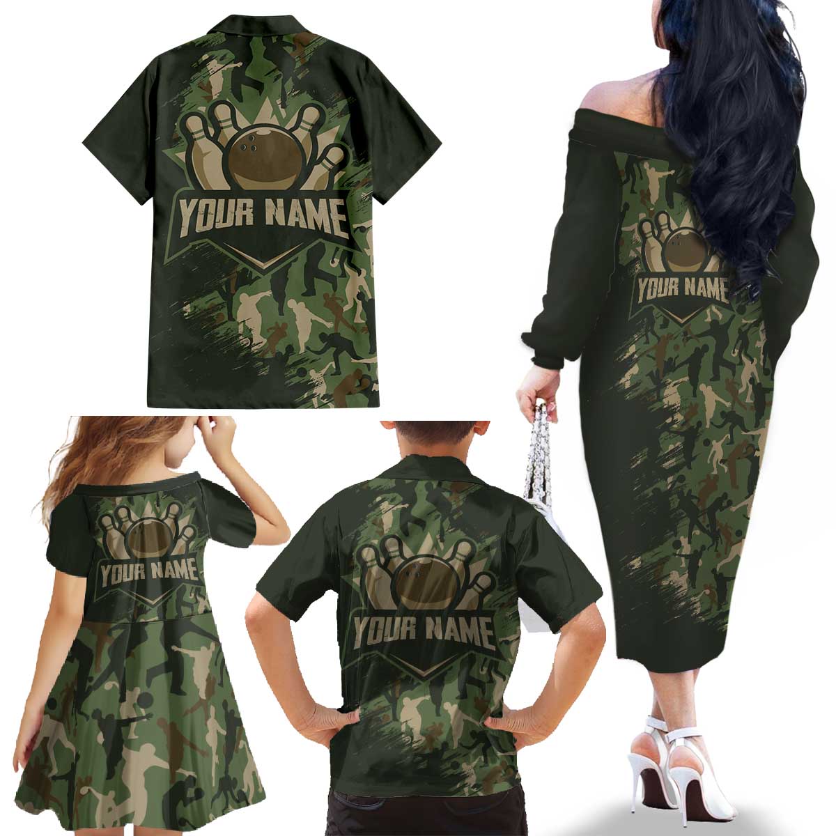 Bowling Camouflage Pattern Family Matching Off The Shoulder Long Sleeve Dress and Hawaiian Shirt with Ball and Pins Graphic in Army Green and Beige Brushstroke Design - Wonder Print Shop