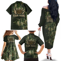 Bowling Camouflage Pattern Family Matching Off The Shoulder Long Sleeve Dress and Hawaiian Shirt with Ball and Pins Graphic in Army Green and Beige Brushstroke Design - Wonder Print Shop