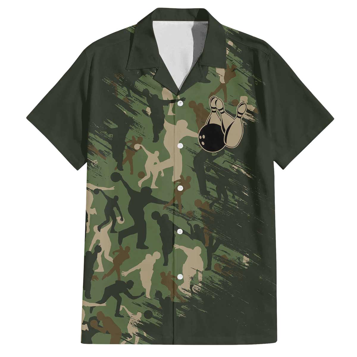 Bowling Camouflage Pattern Family Matching Off The Shoulder Long Sleeve Dress and Hawaiian Shirt with Ball and Pins Graphic in Army Green and Beige Brushstroke Design - Wonder Print Shop