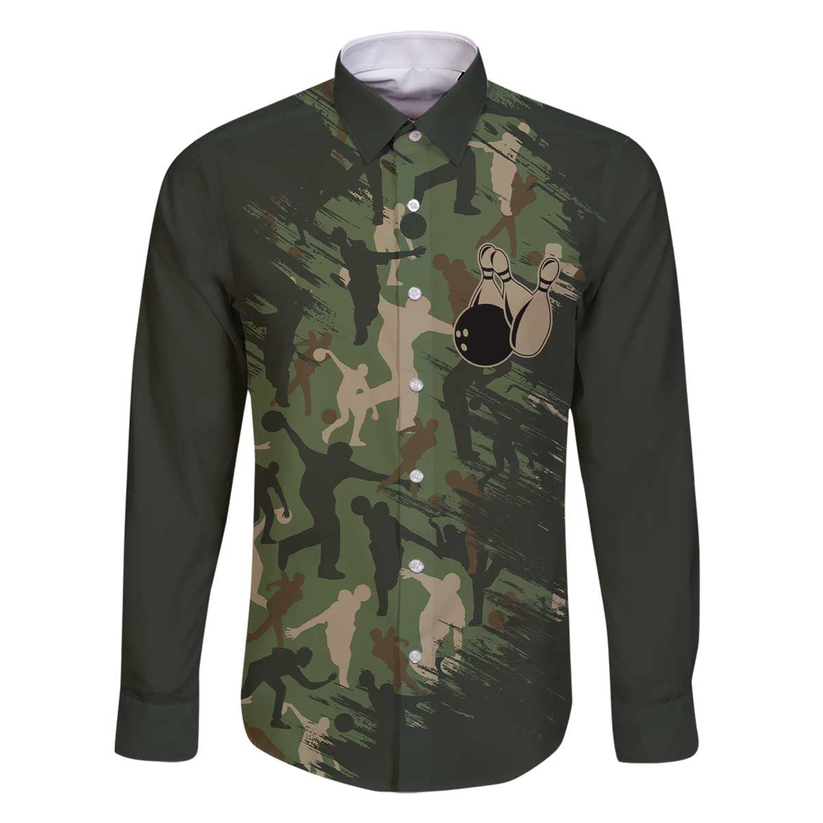 Bowling Camouflage Pattern Family Matching Off The Shoulder Long Sleeve Dress and Hawaiian Shirt with Ball and Pins Graphic in Army Green and Beige Brushstroke Design - Wonder Print Shop