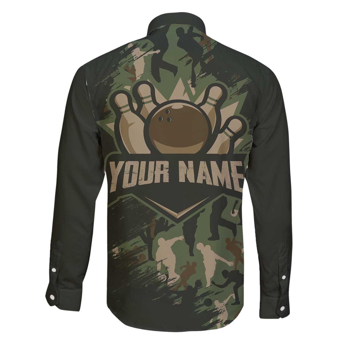 Bowling Camouflage Pattern Family Matching Off The Shoulder Long Sleeve Dress and Hawaiian Shirt with Ball and Pins Graphic in Army Green and Beige Brushstroke Design - Wonder Print Shop