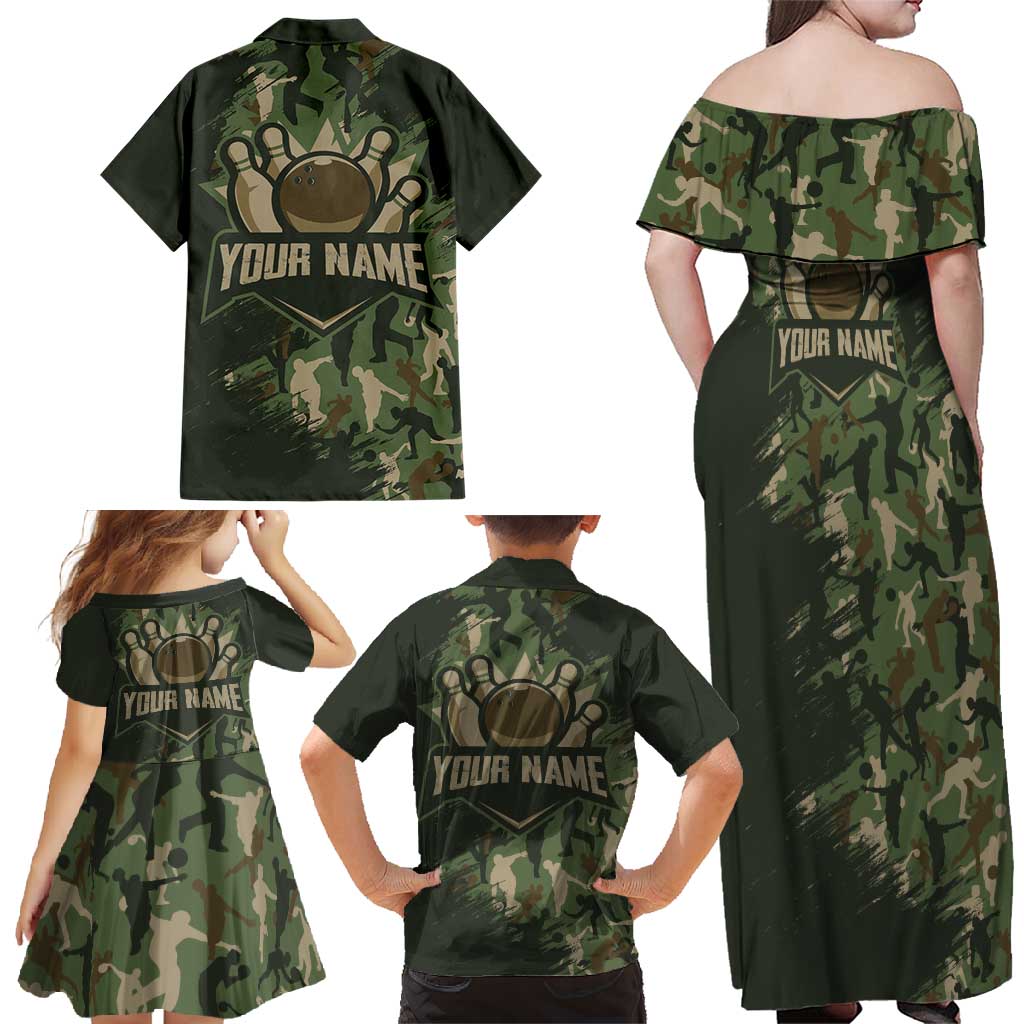 Bowling Camouflage Pattern Family Matching Off Shoulder Maxi Dress and Hawaiian Shirt with Ball and Pins Graphic in Army Green and Beige Brushstroke Design - Wonder Print Shop