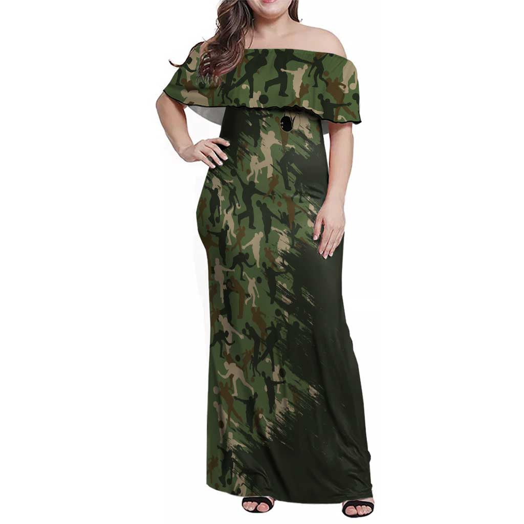 Bowling Camouflage Pattern Family Matching Off Shoulder Maxi Dress and Hawaiian Shirt with Ball and Pins Graphic in Army Green and Beige Brushstroke Design - Wonder Print Shop