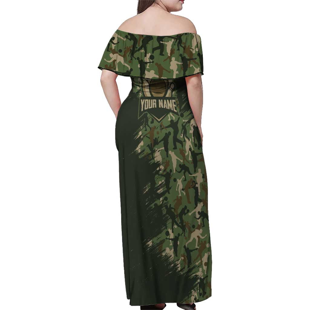 Bowling Camouflage Pattern Family Matching Off Shoulder Maxi Dress and Hawaiian Shirt with Ball and Pins Graphic in Army Green and Beige Brushstroke Design - Wonder Print Shop