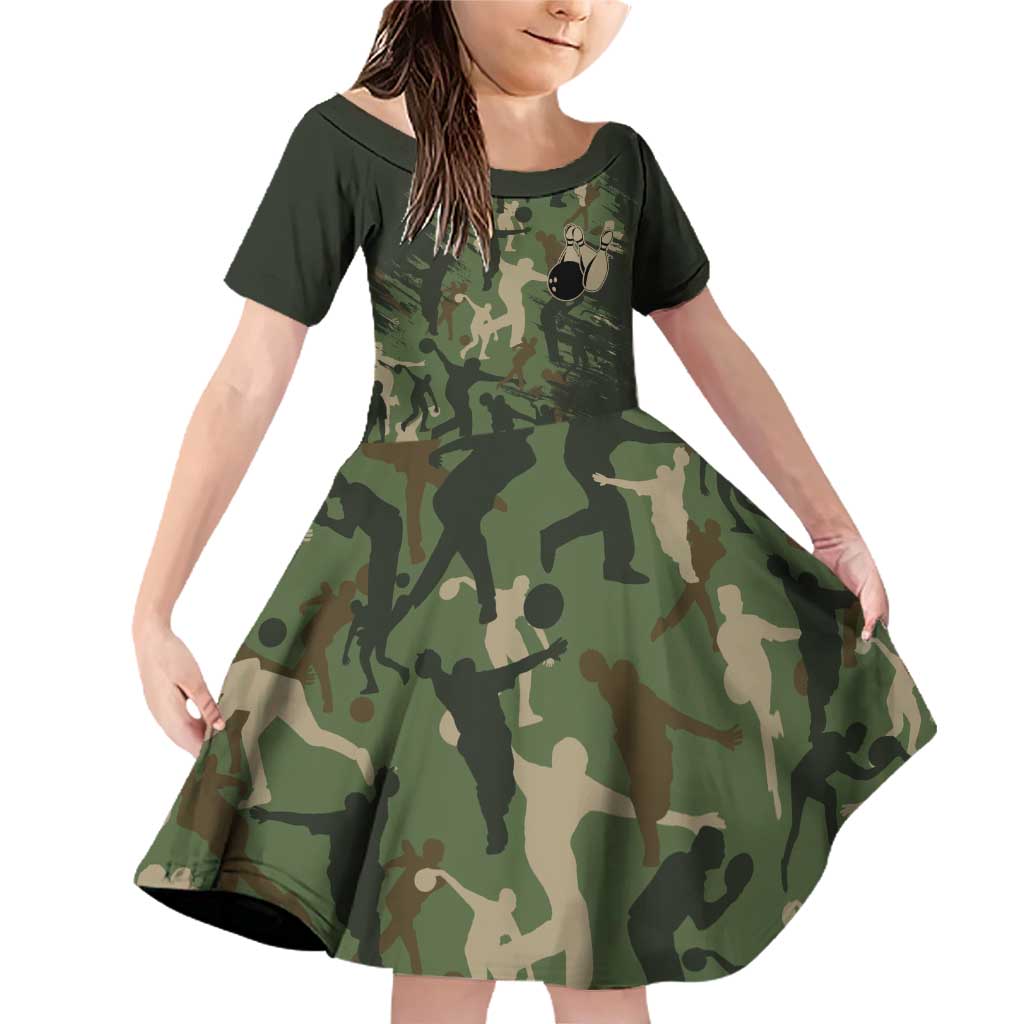 Bowling Camouflage Pattern Family Matching Off Shoulder Short Dress and Hawaiian Shirt with Ball and Pins Graphic in Army Green and Beige Brushstroke Design - Wonder Print Shop