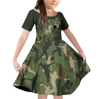 Bowling Camouflage Pattern Family Matching Off Shoulder Short Dress and Hawaiian Shirt with Ball and Pins Graphic in Army Green and Beige Brushstroke Design - Wonder Print Shop