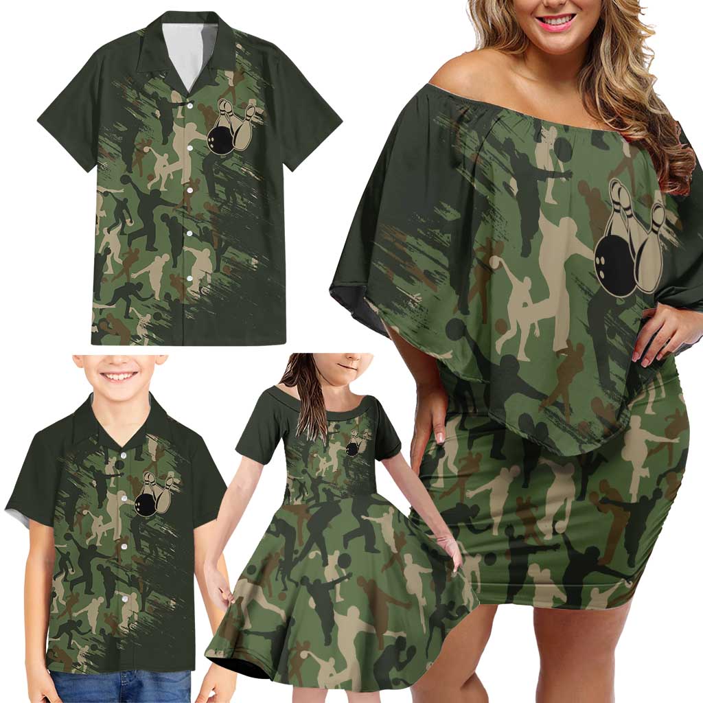 Bowling Camouflage Pattern Family Matching Off Shoulder Short Dress and Hawaiian Shirt with Ball and Pins Graphic in Army Green and Beige Brushstroke Design - Wonder Print Shop