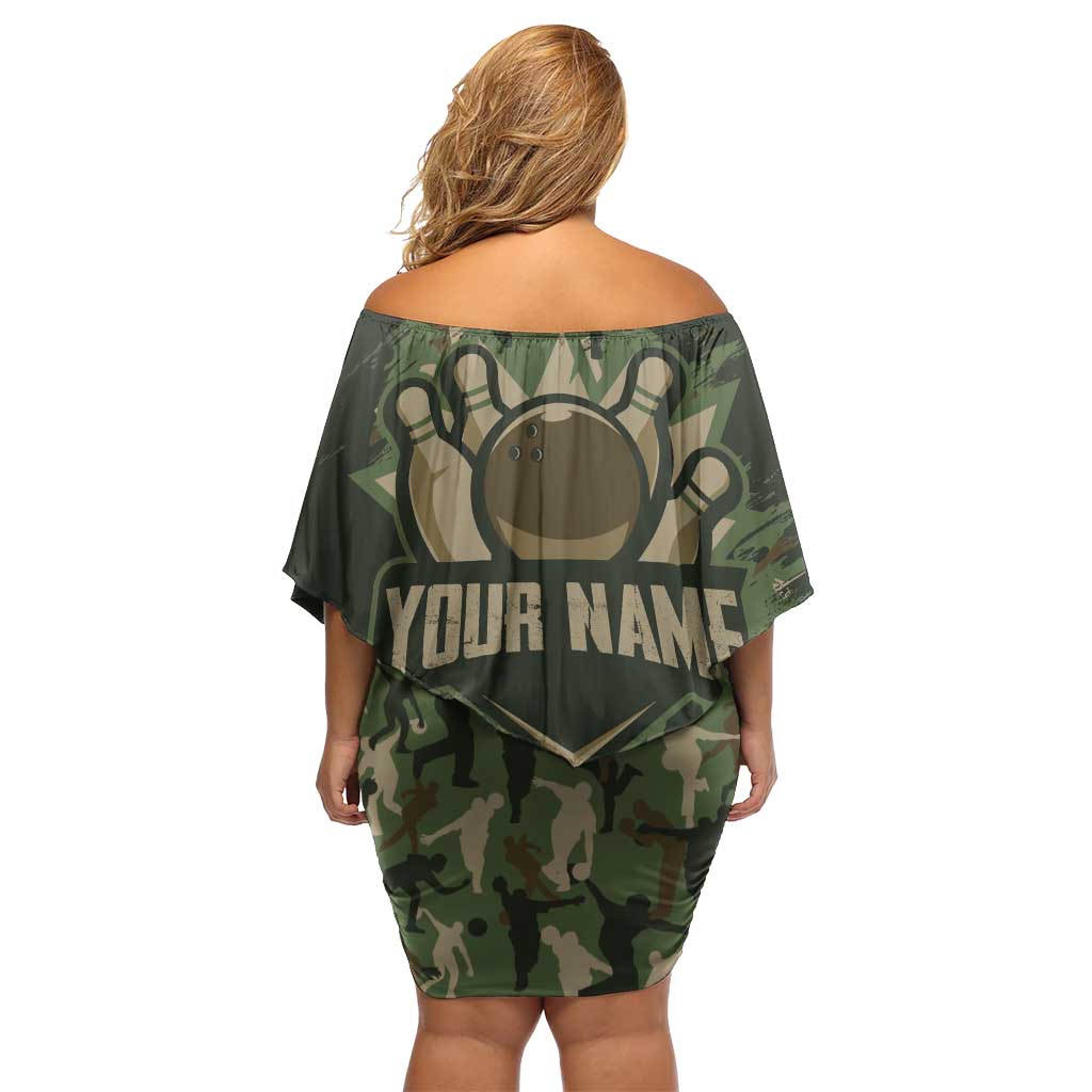 Bowling Camouflage Pattern Family Matching Off Shoulder Short Dress and Hawaiian Shirt with Ball and Pins Graphic in Army Green and Beige Brushstroke Design - Wonder Print Shop