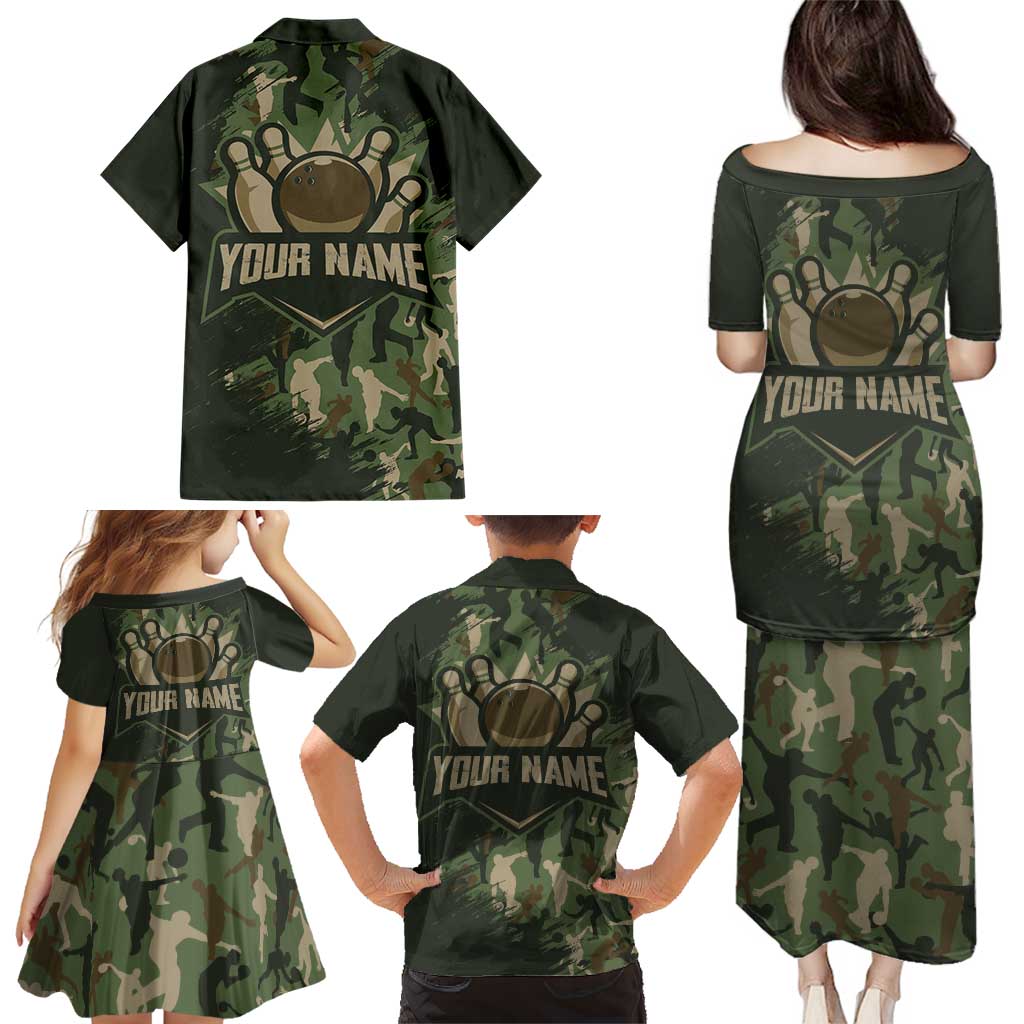 Bowling Camouflage Pattern Family Matching Puletasi and Hawaiian Shirt with Ball and Pins Graphic in Army Green and Beige Brushstroke Design - Wonder Print Shop