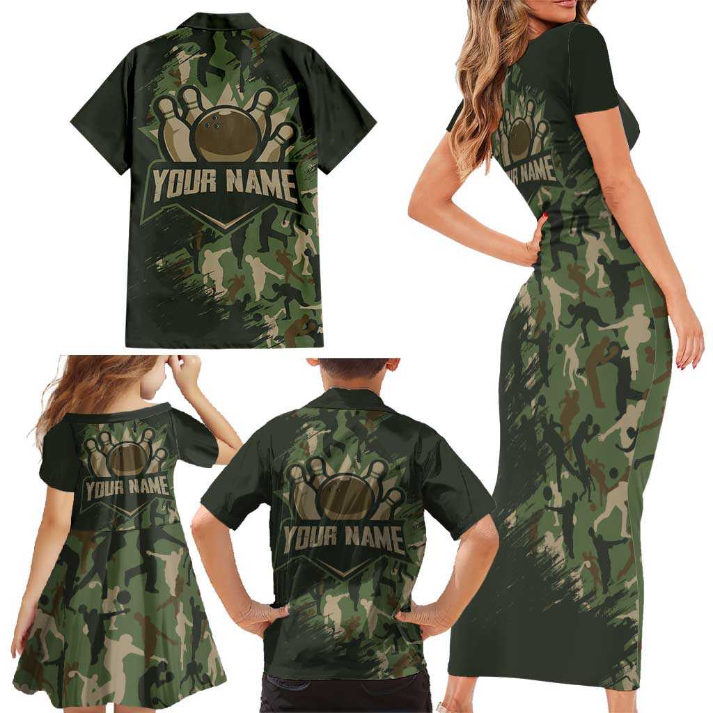 Bowling Camouflage Pattern Family Matching Short Sleeve Bodycon Dress and Hawaiian Shirt with Ball and Pins Graphic in Army Green and Beige Brushstroke Design - Wonder Print Shop