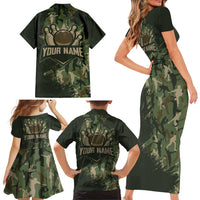 Bowling Camouflage Pattern Family Matching Short Sleeve Bodycon Dress and Hawaiian Shirt with Ball and Pins Graphic in Army Green and Beige Brushstroke Design - Wonder Print Shop