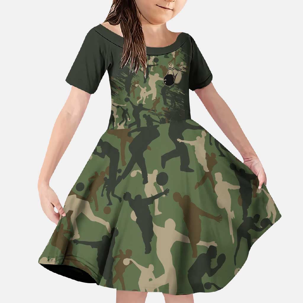 Bowling Camouflage Pattern Family Matching Summer Maxi Dress and Hawaiian Shirt with Ball and Pins Graphic in Army Green and Beige Brushstroke Design - Wonder Print Shop