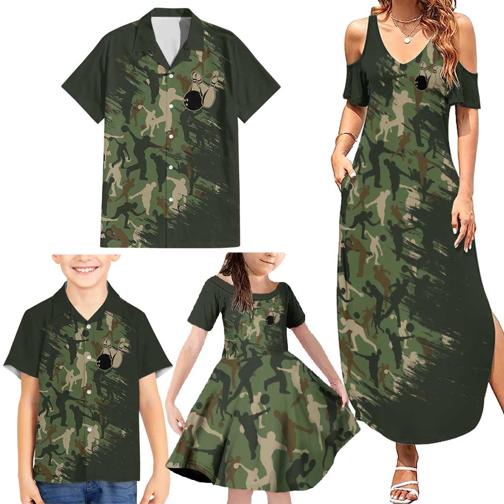Bowling Camouflage Pattern Family Matching Summer Maxi Dress and Hawaiian Shirt with Ball and Pins Graphic in Army Green and Beige Brushstroke Design - Wonder Print Shop