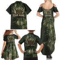 Bowling Camouflage Pattern Family Matching Summer Maxi Dress and Hawaiian Shirt with Ball and Pins Graphic in Army Green and Beige Brushstroke Design - Wonder Print Shop